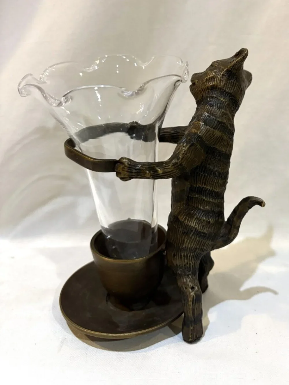 Cast Iron Cat Holding Clear Glass Vase